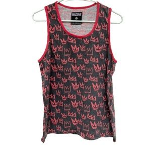 Massive Tank Top with All Over Crown Print Crew Neck Red and Black Size Large
